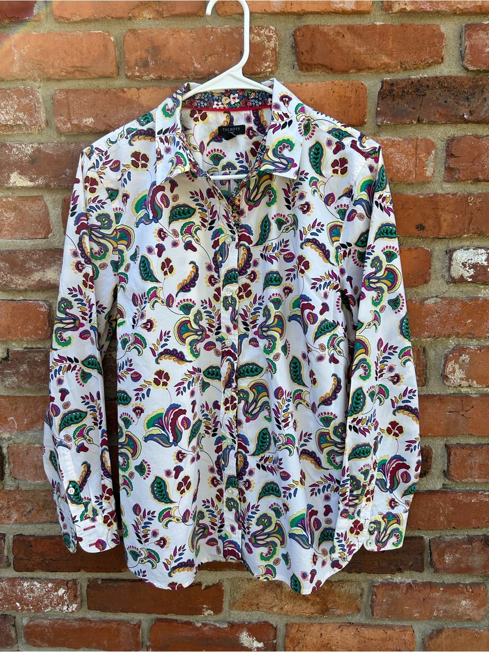 Talbots Petites White Floral Paisley-Print Button-Up Shirt Long Sleeve LP